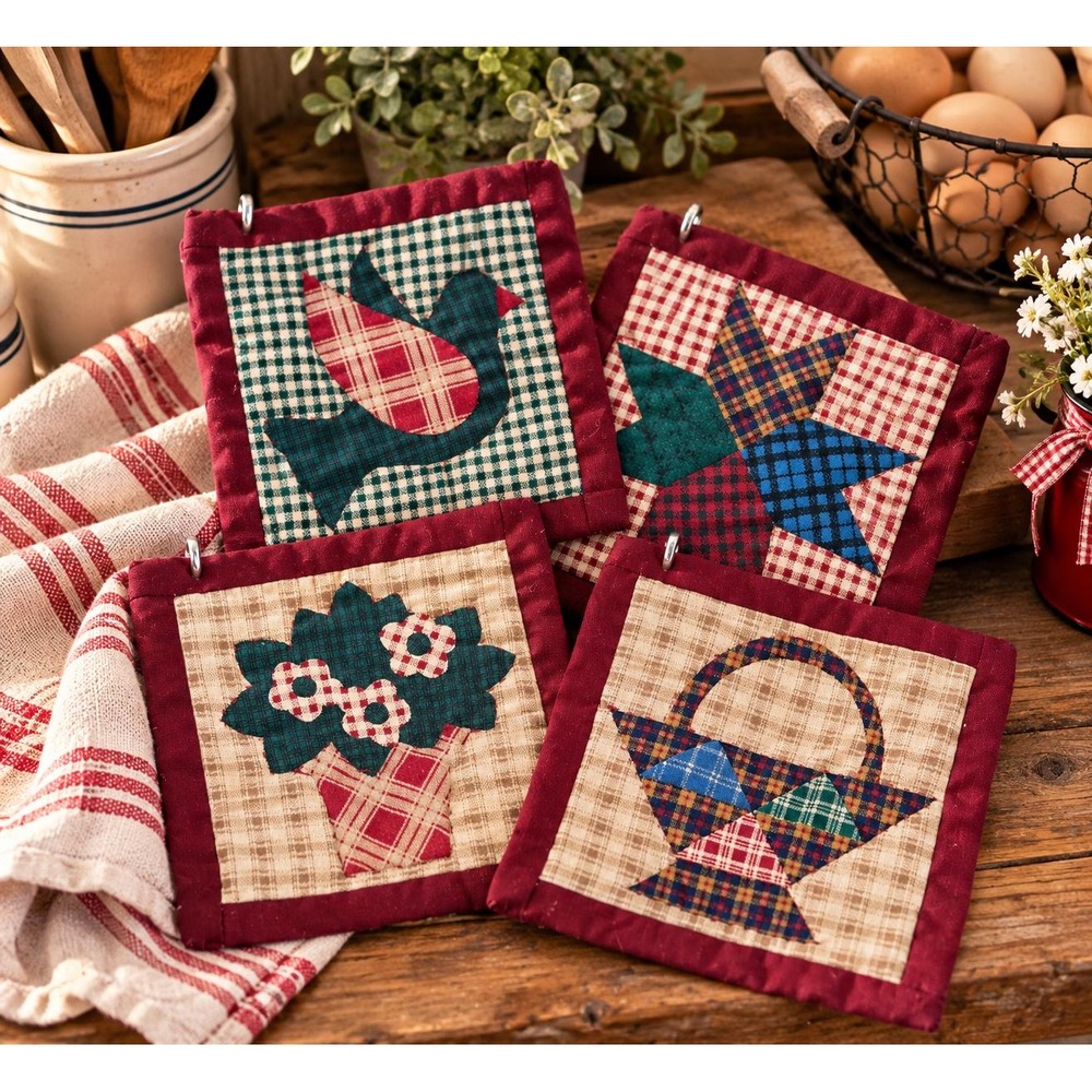 Vintage Handmade Quilted Potholders Set of 4 Country Kitchen Hot Pads